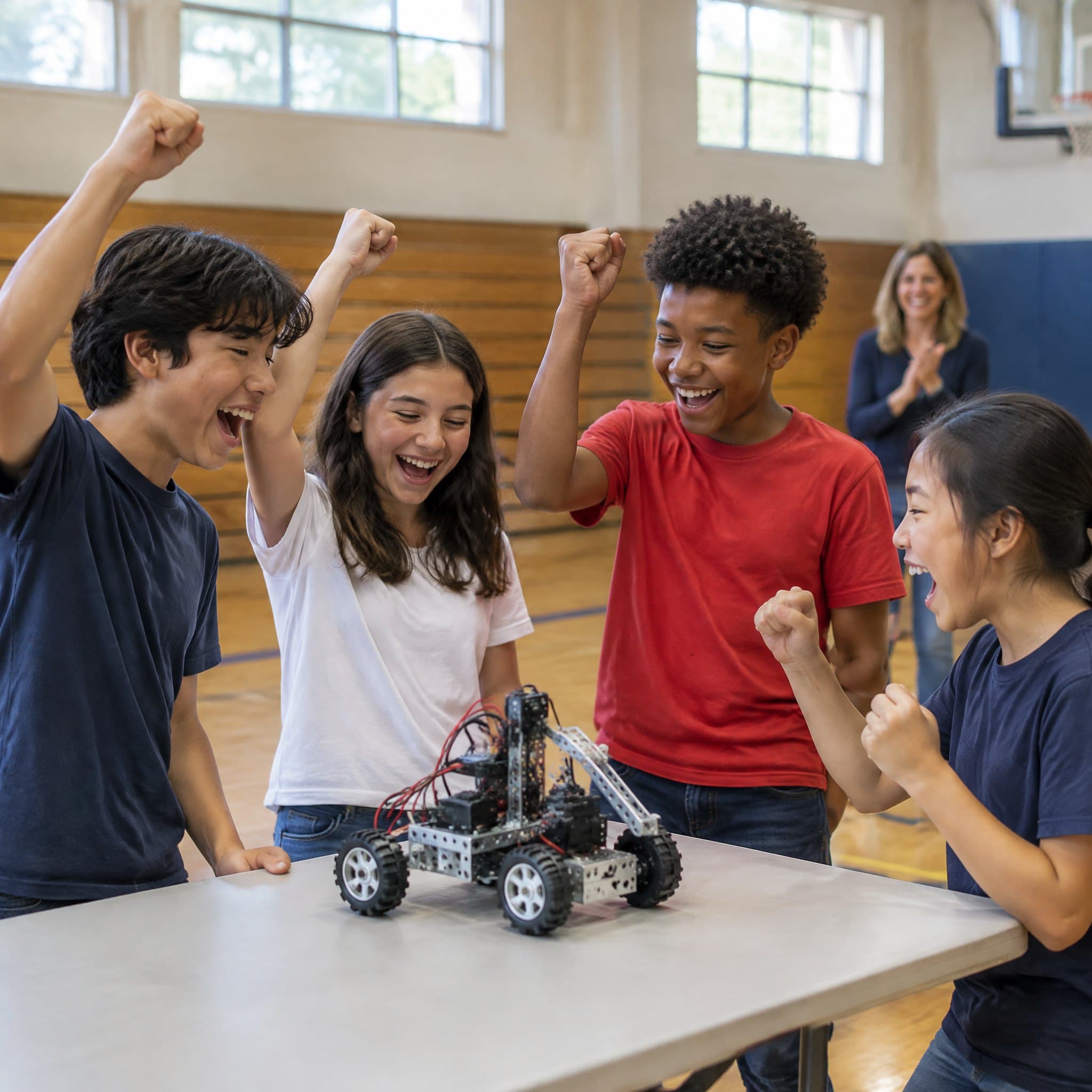 Students cheering around the robot they built, at a club night in a school gym.