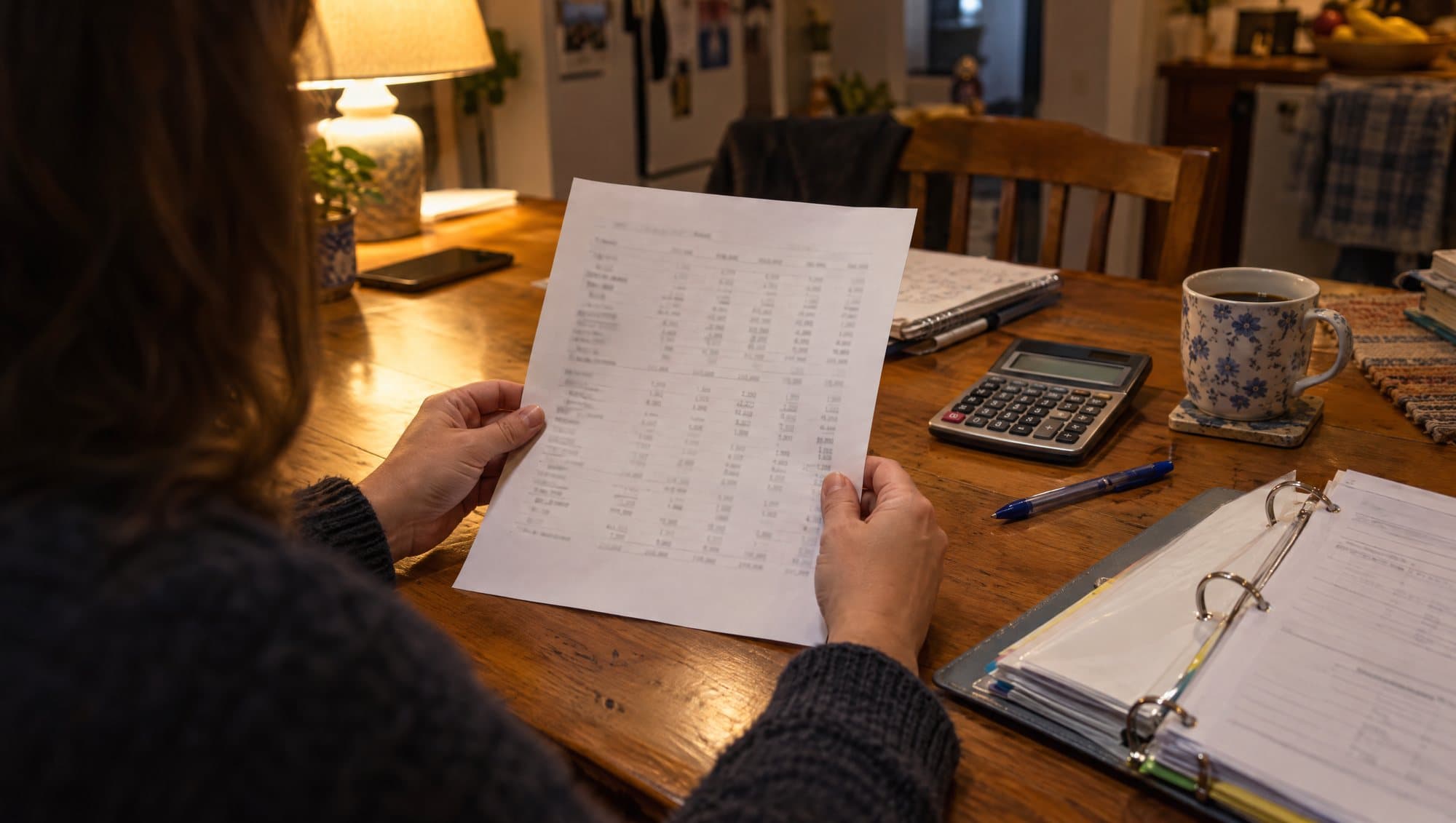 Seen over the shoulder, a person at a kitchen table in the evening holds a page of figures. A calculator, a mug, and an open binder sit on the table.